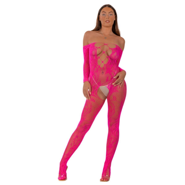 N12917 lace by lj lace up front crotchless bodystocking fushia 1.jpg