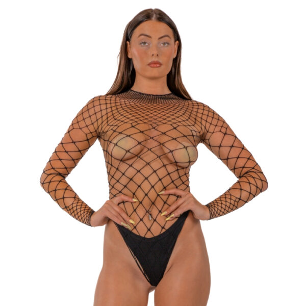 N12934 lace by lj fence net long sleeved thong bodysuit black 1.jpg