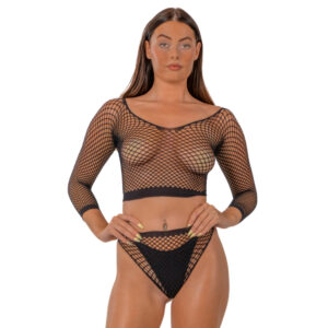 NS8102 lace by lj fence net crop top and bottoms black 4.jpg